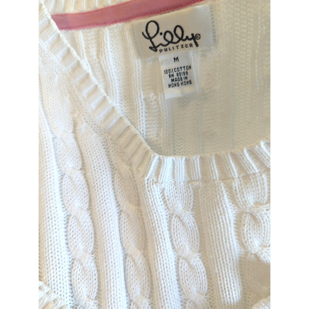 Vtg Lilly Pulitzer Cable Knit Sweater M White  Palm Tree Logo Hong Kong Classy